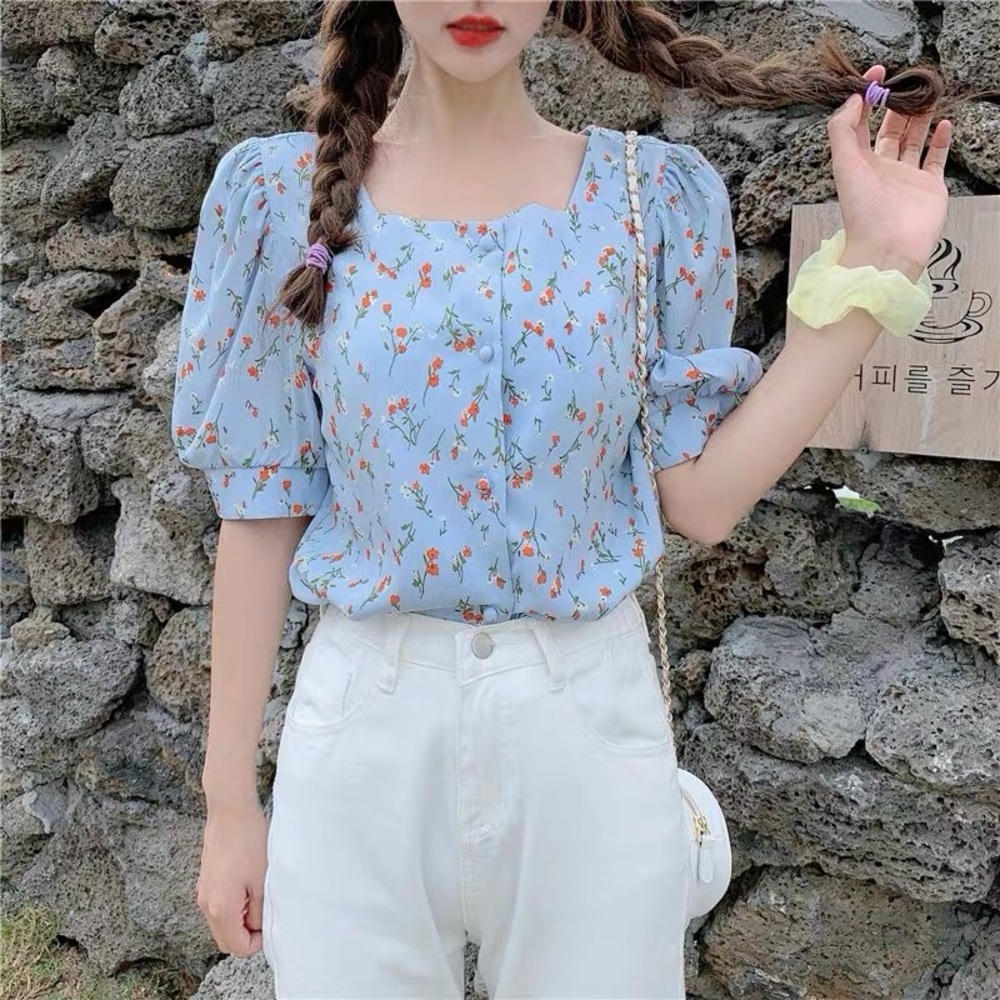 Floral Blue Women's Top Puff Short Sleeve Square Neckline